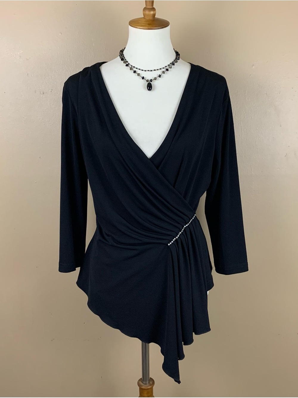 Metaphor Top Womens Large Black Ruched Wrap Blouse Rhinestone USA Vintage Y2K